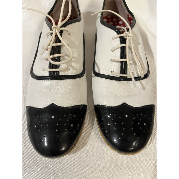 Hego’s Black & White Dandy Dress Flat Wingtip Saddle Leather Loafer Women Size 6 - Picture 2 of 11